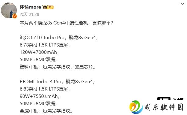 iQOO Z10 Turbo Pro、小米 REDMI Turbo 4 Pro 手机参数曝光：均为本月发布、骁龙 8s Gen4 处理器