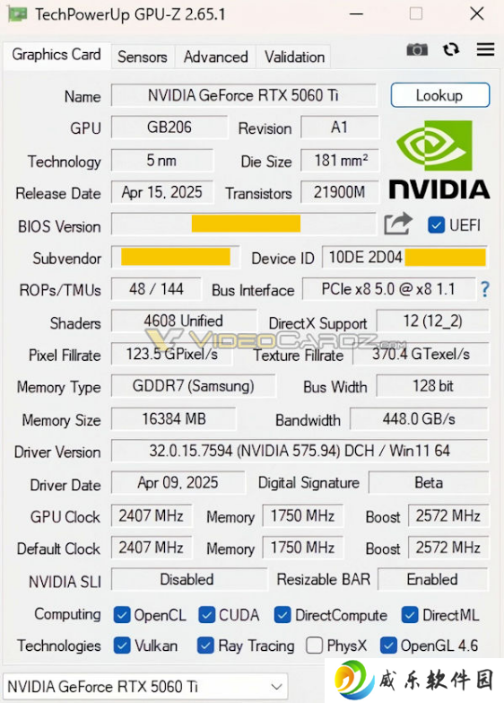 英伟达 RTX 5060 Ti 显卡完整规格曝光：16GB 显存，180W TDP