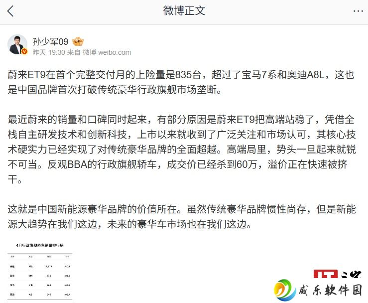 中国品牌首次打破传统豪华行政旗舰市场垄断：消息称蔚来 ET9 汽车首个完整交付月上险量超宝马 7 系和奥迪 A8L