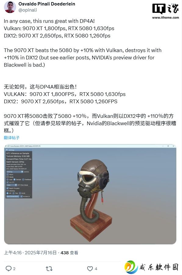 技术优化显成效：AMD RX 9070 XT 协同矢量测试反超英伟达 RTX 5080，Vulkan 领先 10%、DX12 领先 110%